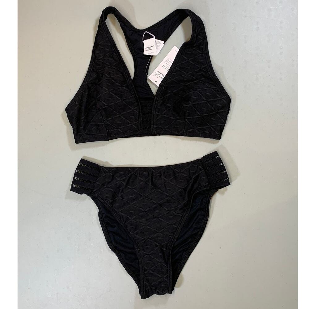 NWT Cupshe Black High Waisted Textured Bikini Set w/ Racer Back Top Sz Small